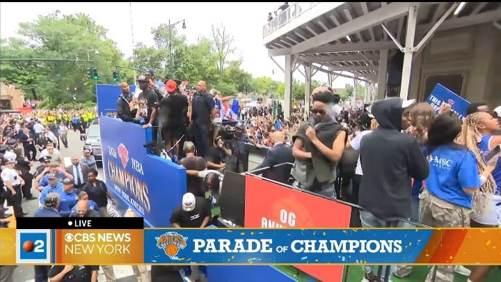Karl-Anthony Towns and Zohran Mamdani celebrate together as the Knicks’ championship parade goes down the Canyon of Heroes.