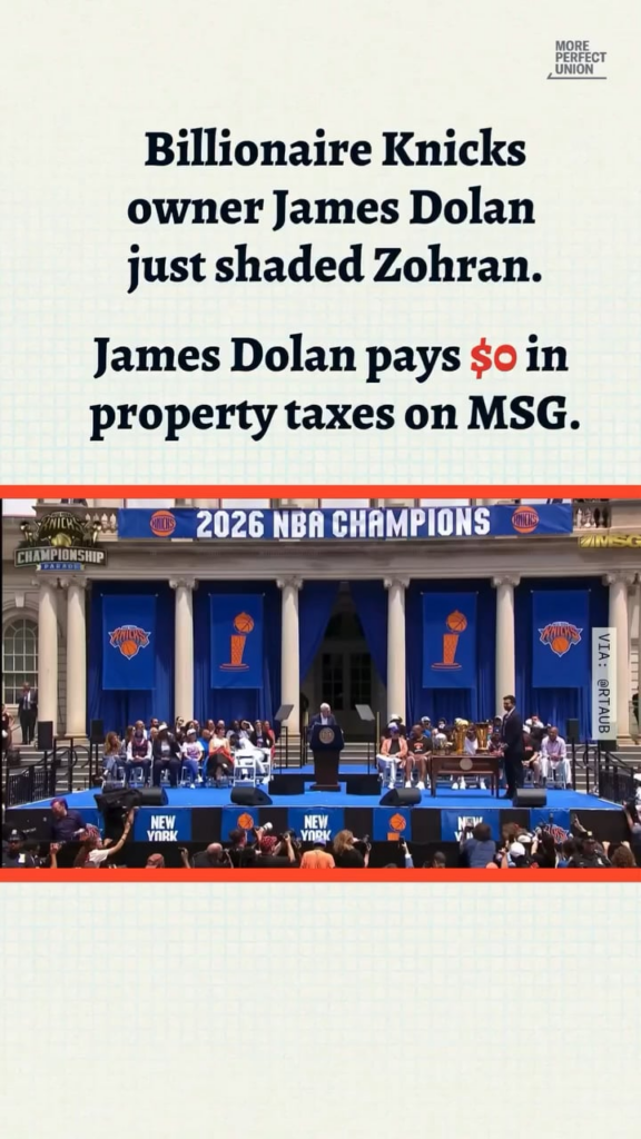 Billionaire Knicks owner James Dolan just shaded Zohran Mamdani. James Dolan pays $0 in property taxes on MSG.