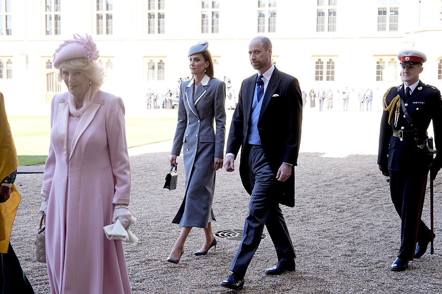 Queen Camilla, Catherine, Princess of Wales and Prince William, Prince of Wales during the ceremonial welcome at Windsor Castle on the first day of the State Visit by The President of the Federal Republic of Nigeria on March 18, 2026