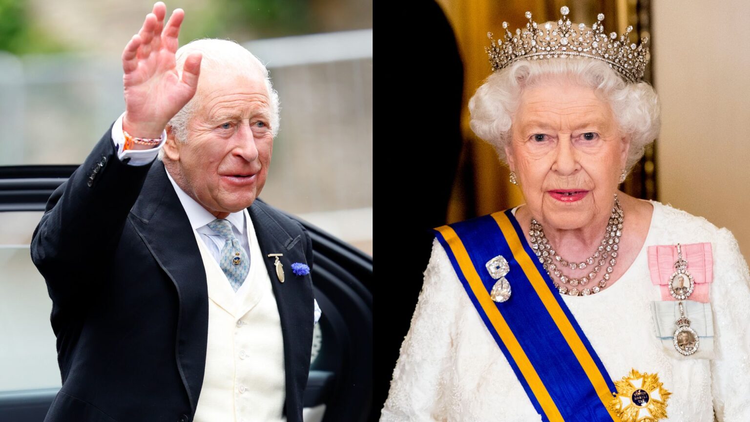 King Charles “Works Really Hard” to Have a Different Approach Than Queen Elizabeth A split image of King Charles waving and Queen Elizabeth in a tiara