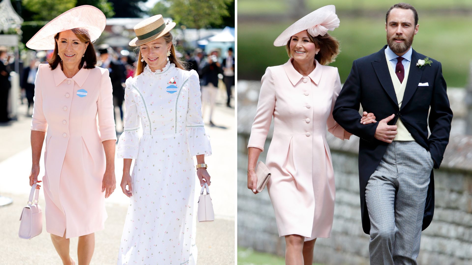 A composite of two pictures of Carole Middleton wearing the same pink dress, in 2026 and 2017 respectively
