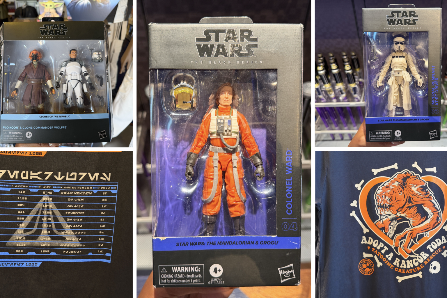 Star Wars Black Series Figures, Star Tours Shirts, and More Arrive at Disneyland A new wave of Star Wars merchandise has arrived at Disneyland, including several graphic T-shirts, a keychain, and multiple Hasbro Black Series figures inspired by Star Wars: Attack of the Clones, The Mandalorian & Grogu, Star Tours, and more.