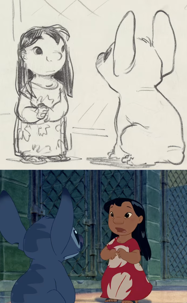In the storyboard scene, we see the moment Lilo first encountered Stitch at the animal shelter. From the early concepts to the finished product, you can see the small changes that happened in between, but both characters are definitely recognizable.  