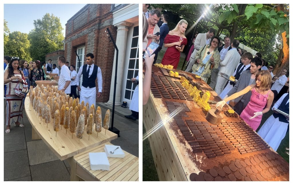two images side by side show tables of food served at an outdoor summer party, on the right the table is covered in large pieces of chocolate