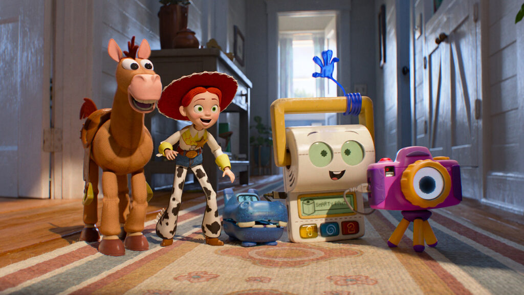 ‘Toy Story 5’ Review: Joan Cusack’s Cowgirl Jesse Takes the Lead (L-R): Bullseye, Jessie, Atlas, Smarty Pants, and Snappy in Disney and Pixar's Toy Story 5