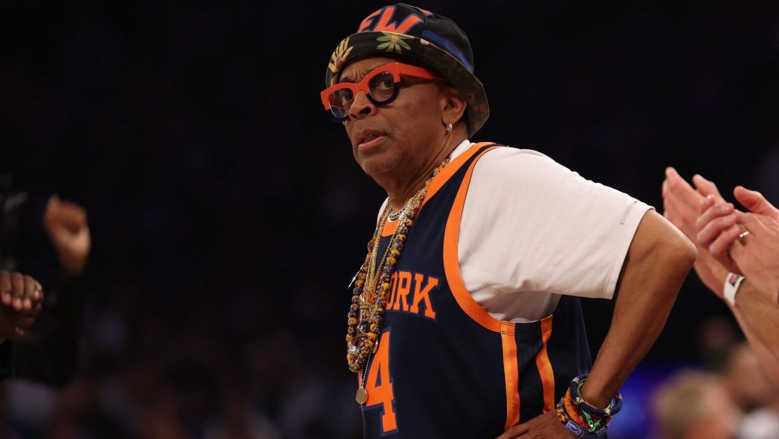 Jun 8, 2026; New York, New York, USA; Director Spike Lee watches courtside during game three of the 2026 NBA Finals between the New York Knicks and San Antonio Spurs at Madison Square Garden. Mandatory Credit: Geoff Burke-Imagn Images