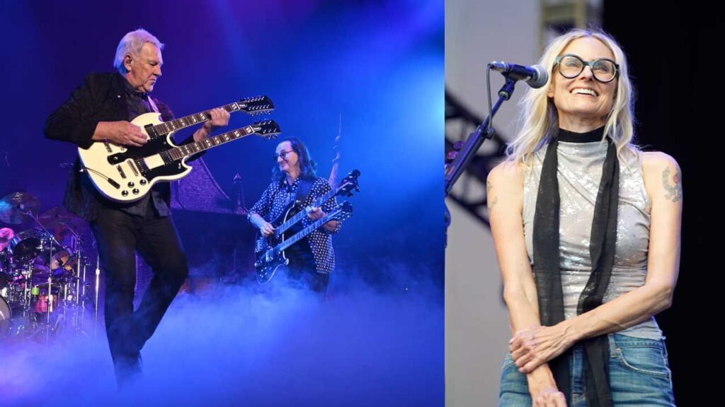Aimee Mann reacts to performing with Rush in Los Angeles Rush and Aimee Mann onstage (composite image)