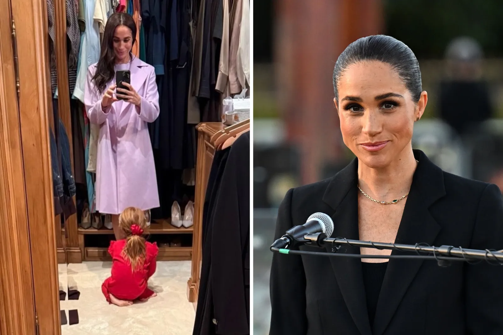Left: Meghan Markle poses with Princess Lilibet in a photo posted to her Instagram on May 16, 2026. Right: Meghan speaks about social media causing harm to children at the inauguration of the Lost Screen Memorial, at Place des Nations in Geneva, Switzerland, on May 17.