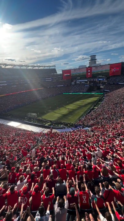 "An incredible view of Norwegian supporters doing the 'Viking row' at Gillette Stadium during their match."