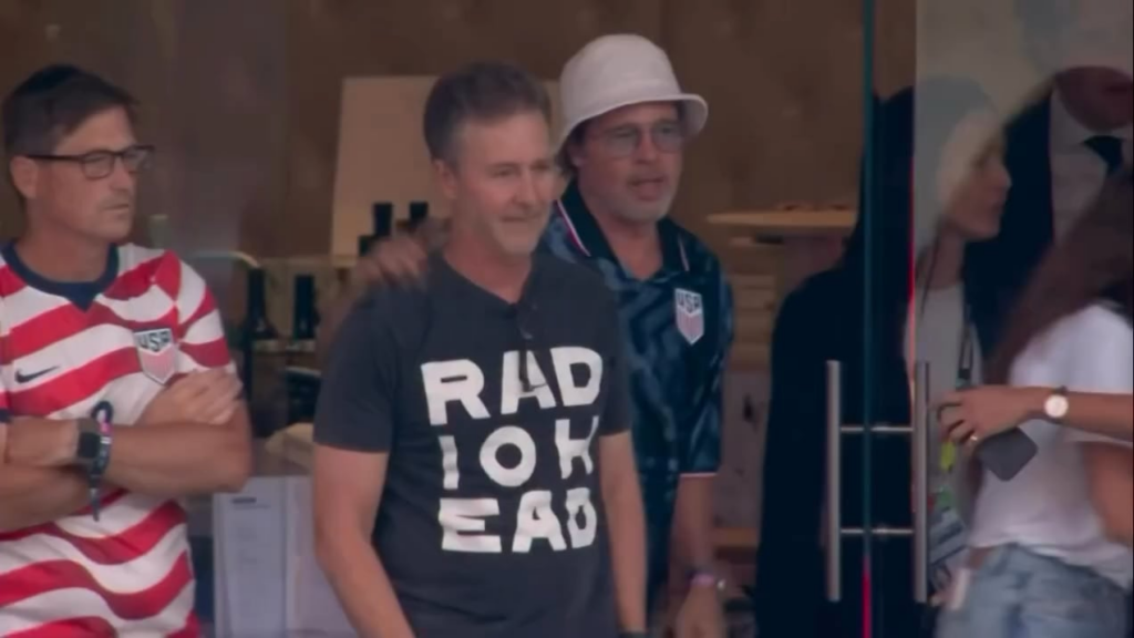 Edward Norton and Brad Pitt at the USA vs Turkiye FIFA World Cup match at the Los Angeles Stadium