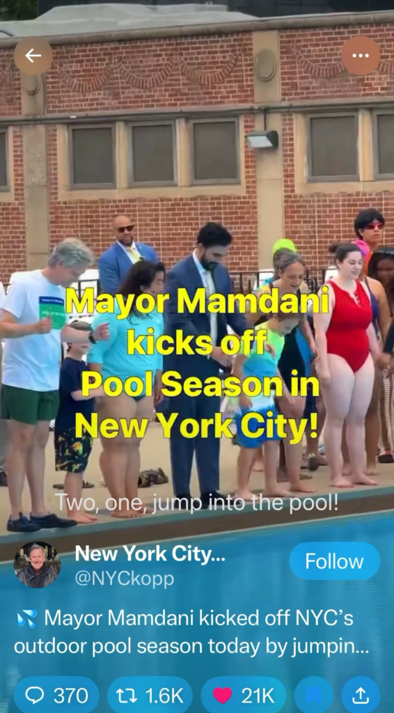 Zohran Mamdani jumps into New York public pool on opening day, a mayoral tradition skipped by the previous two mayors