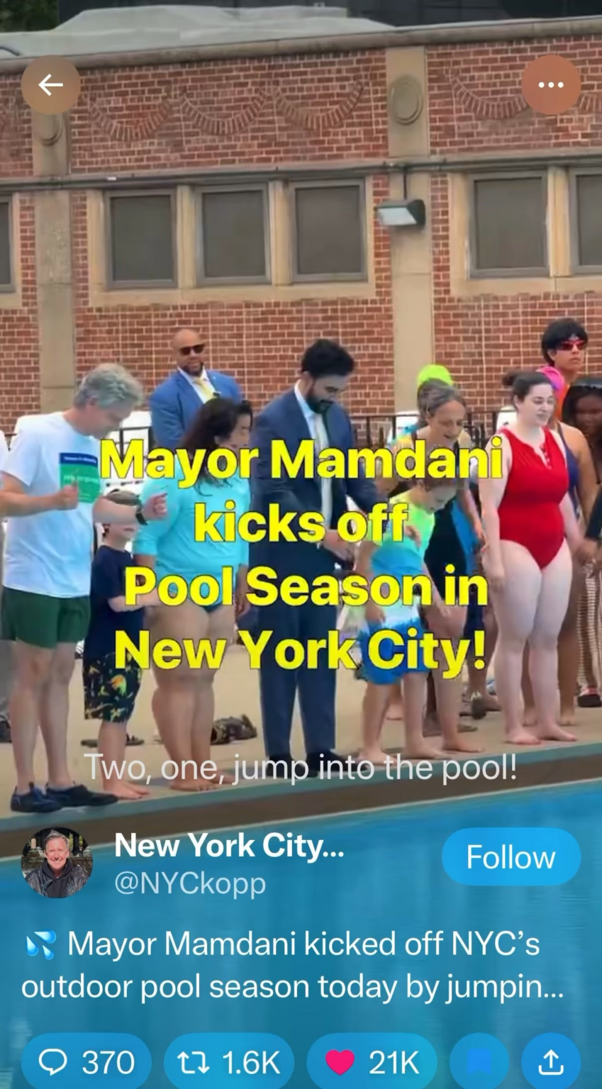 Zohran Mamdani jumps into New York public pool on opening day, a mayoral tradition skipped by the previous two mayors