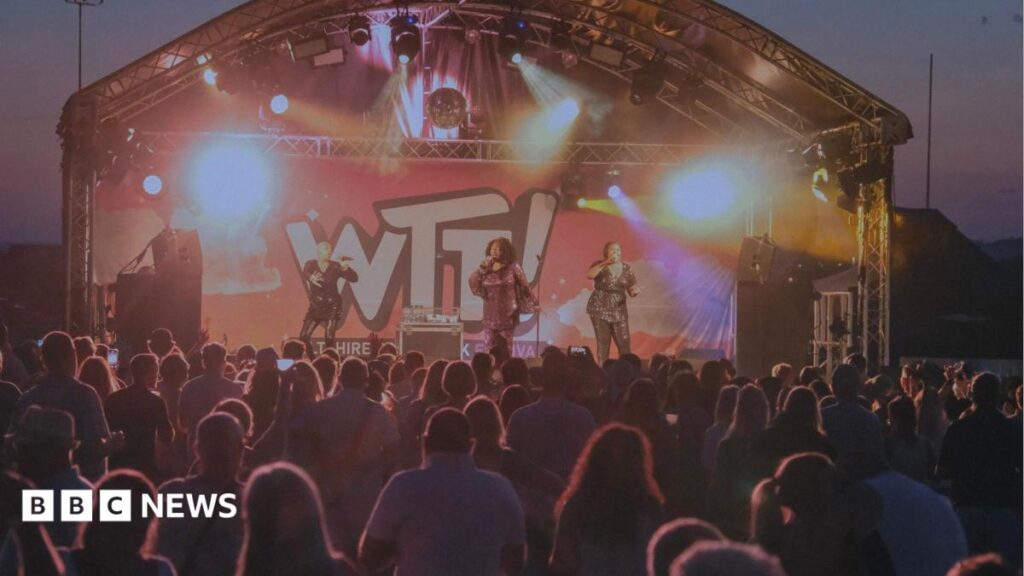Melksham music festival to go ahead despite planning refusal The festival in Melksham in 2025. A three-piece musical group, two in sparkly black clothes and one in a sparkly pink outfit, performing on a stage at night time. Behind them is a large sign reading "WTF" – referring to Wiltshire Throwback Festival. Outlines of audience members are in the foreground.