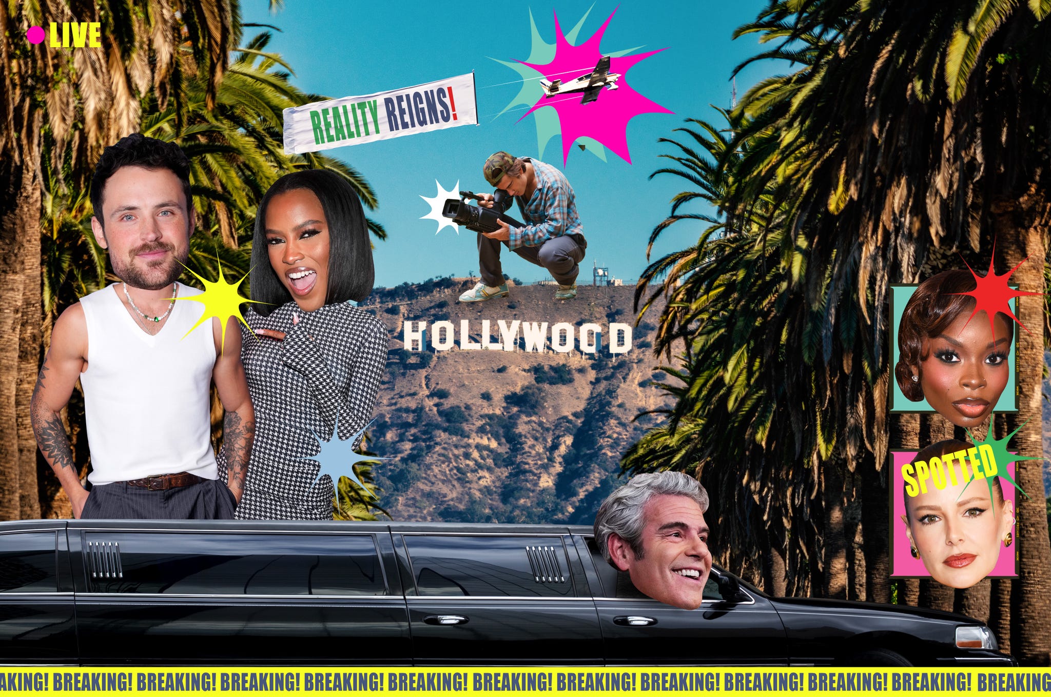Colorful Hollywood collage with celebrities, palm trees, and a limousine. Colorful Hollywood collage with celebrities, palm trees, and a limousine.