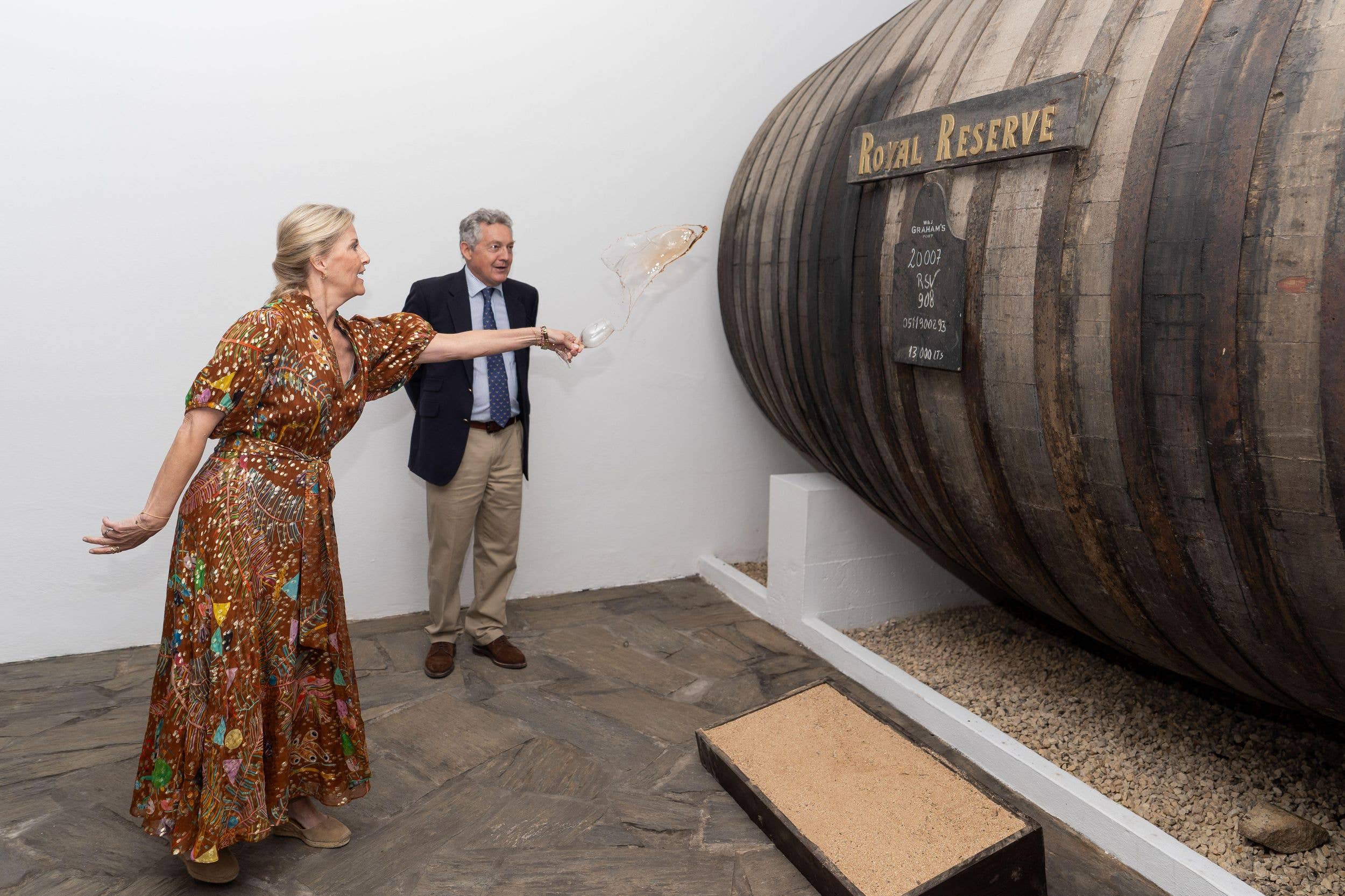 The Duchess of Edinburgh baptising a barrel of Port during a visit to Graham's Port Lodge in Vila Nova de Gaia, as part of their visit to Portugal. Picture date: Wednesday June 3, 2026.