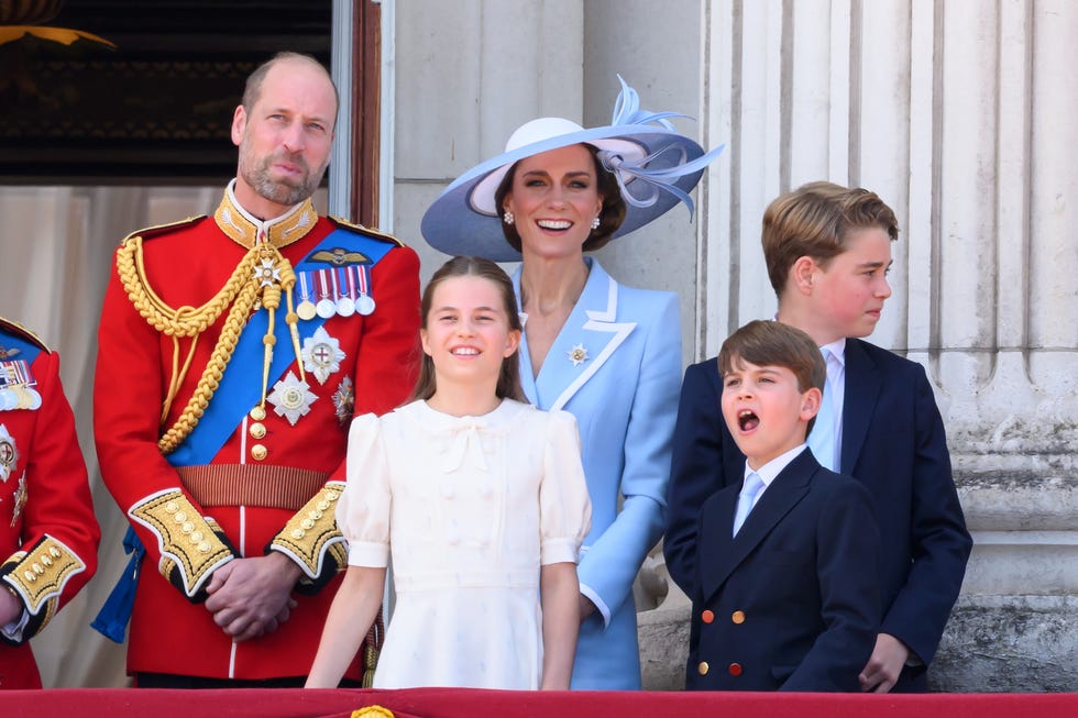 london, england june 13: prince william, prince of wales, catherine, princess of wales, princess charlotte of wales, prince george of wales and prince louis of wales during trooping the colour on june 13, 2026 in london, england. trooping the colour is a ceremonial parade celebrating the official birthday of the british monarch. the event features over 1400 soldiers of the household division and king's troop royal horse artillery, including over 400 musicians from the massed bands. (photo by karwai tang/wireimage)