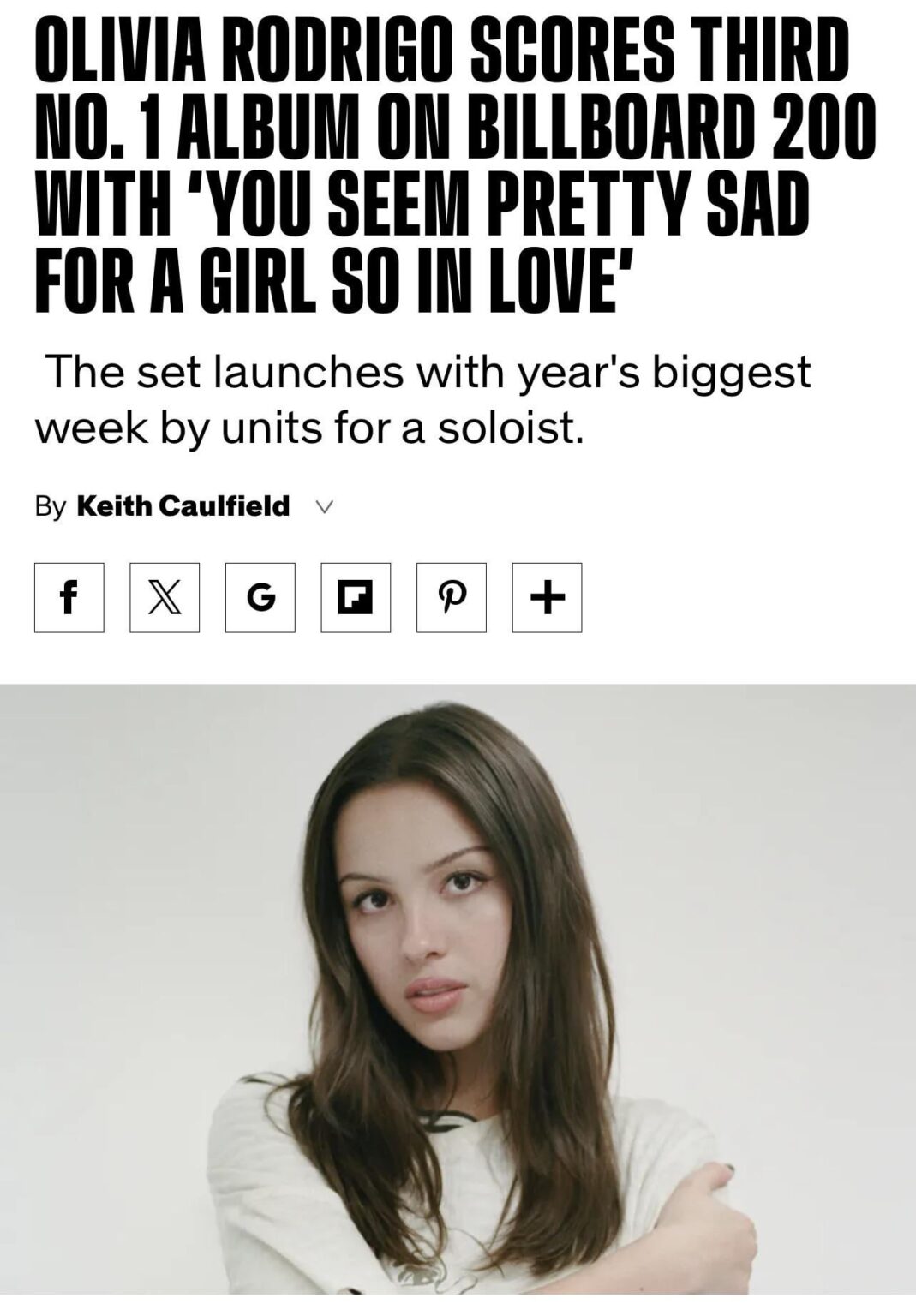 ‘you seem pretty sad for a girl so in love’ by Olivia Rodrigo debuts at #1 on the Billboard 200 with 485k units. It becomes the biggest debut by a solo act in 2026.