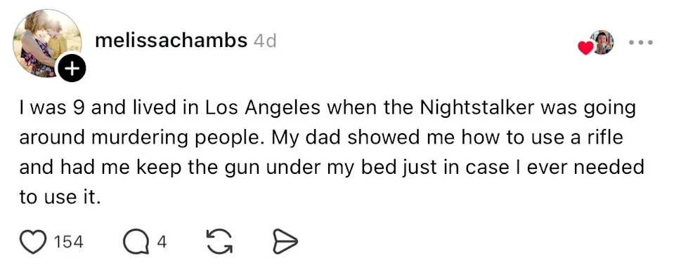 A social media post recounts a personal story from childhood involving living in Los Angeles and advice on self-defense during a dangerous time