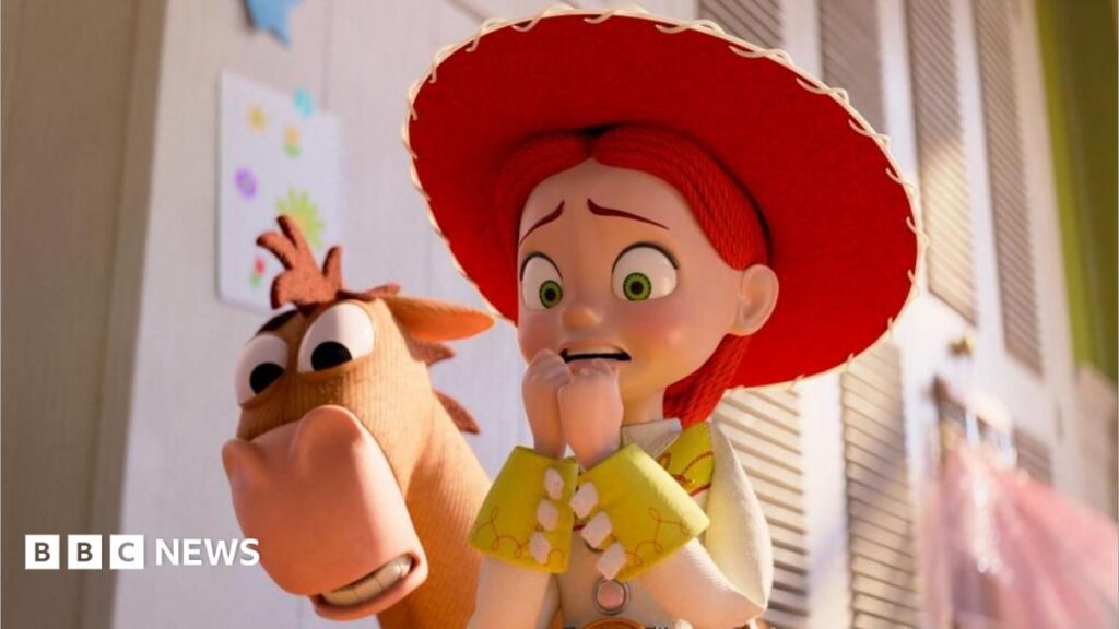 An image captured from the Toy Story 5 movie, showing Jessie and Bullseye with a horrified expression