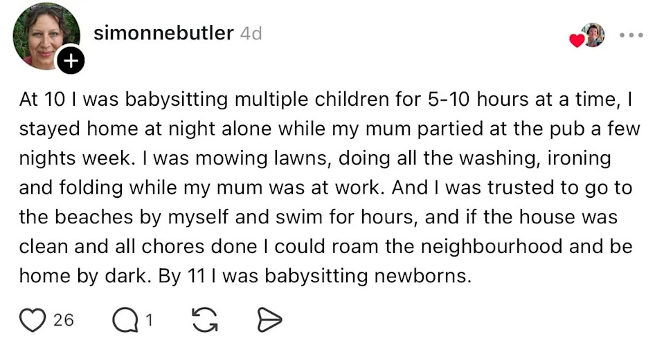 Post discusses childhood responsibilities, including babysitting, doing household chores, and managing time outdoors, highlighting maturity from age 10