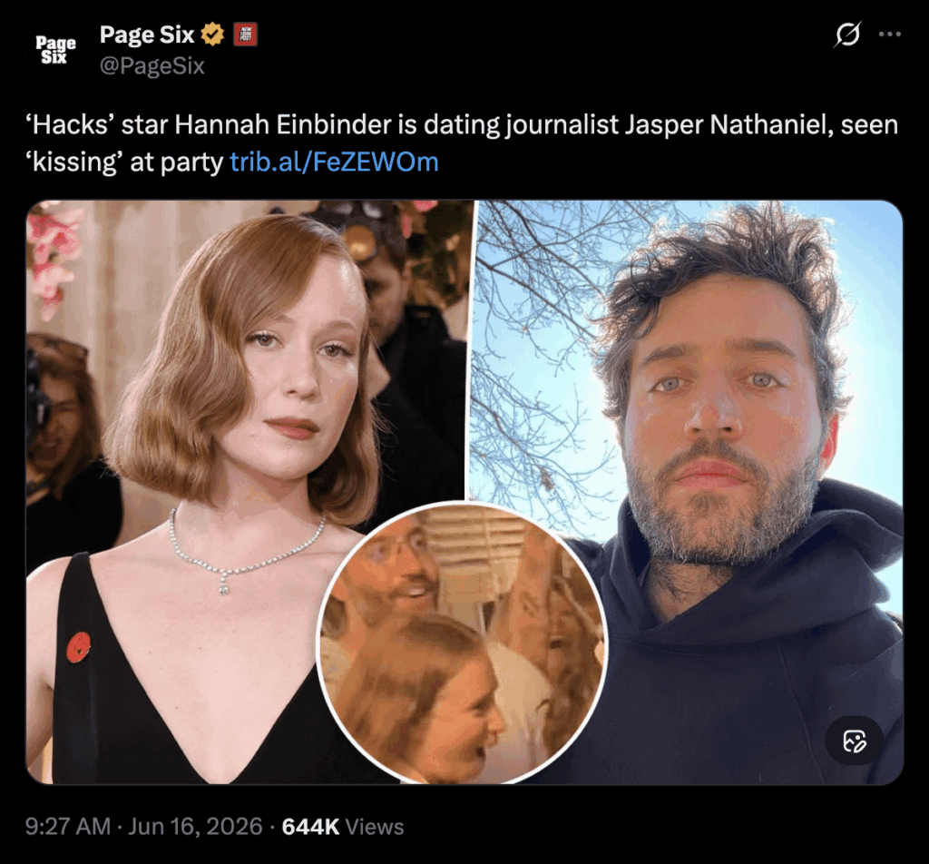 ‘Hacks’ star Hannah Einbinder is dating journalist Jasper Nathaniel, seen ‘kissing’ at party