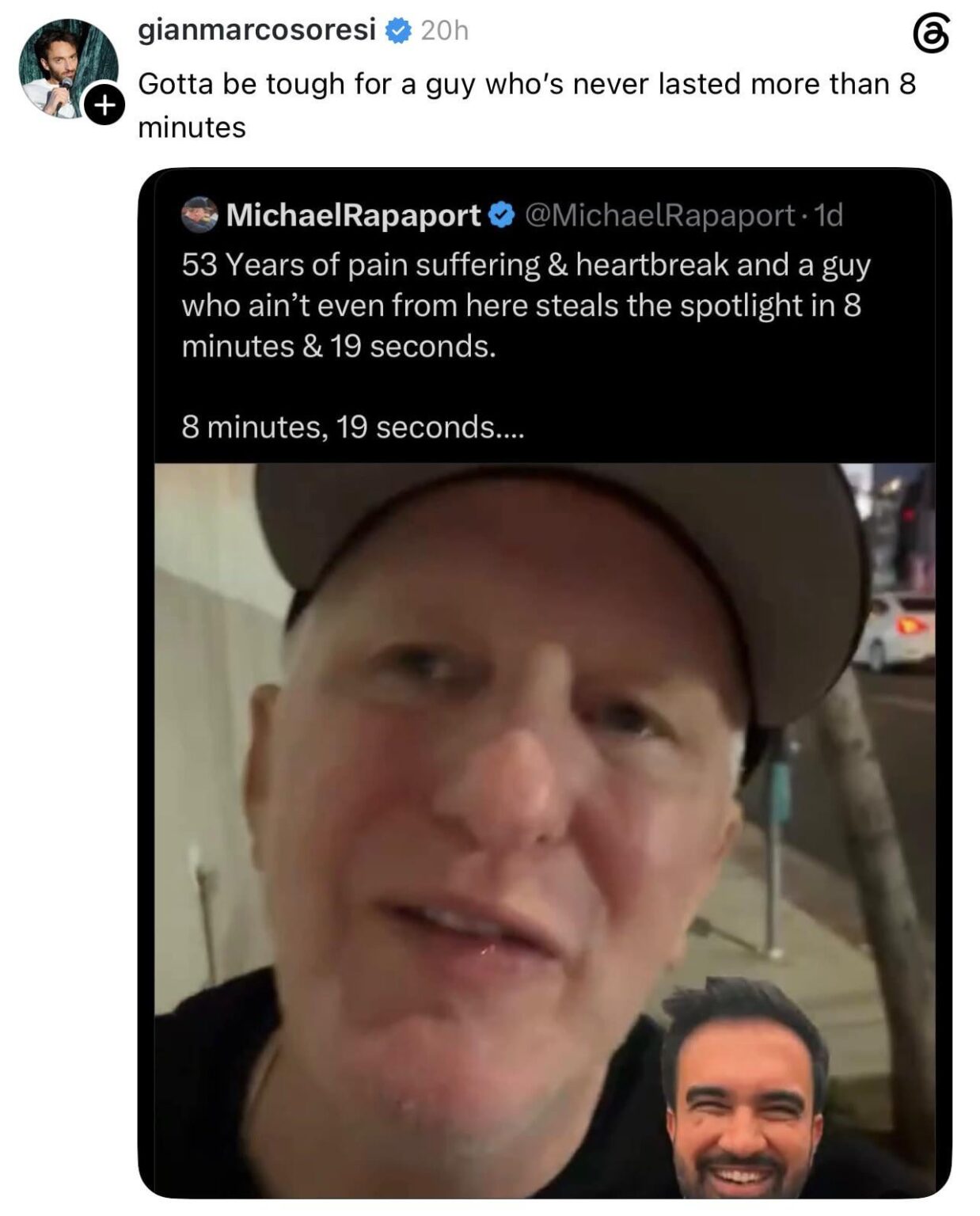 Comedian Gianmarco Soresi roasts Michael Rapaport for complaining about the length of Zohran Mamdani’s speech at the Knicks championship parade