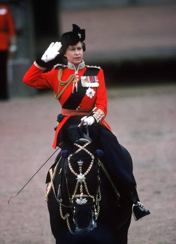 The Queen At Trooping The Colour Riding Her Horse Burmese Which Was  A Gift From The Canadian Mounted Police