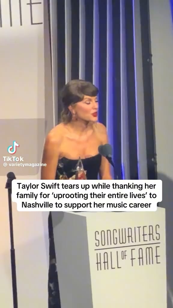 Taylor Swift tears up during her Songwriters Hall of Fame induction speech thanking her family for “uprooting their entire lives” to Nashville to support her music career.