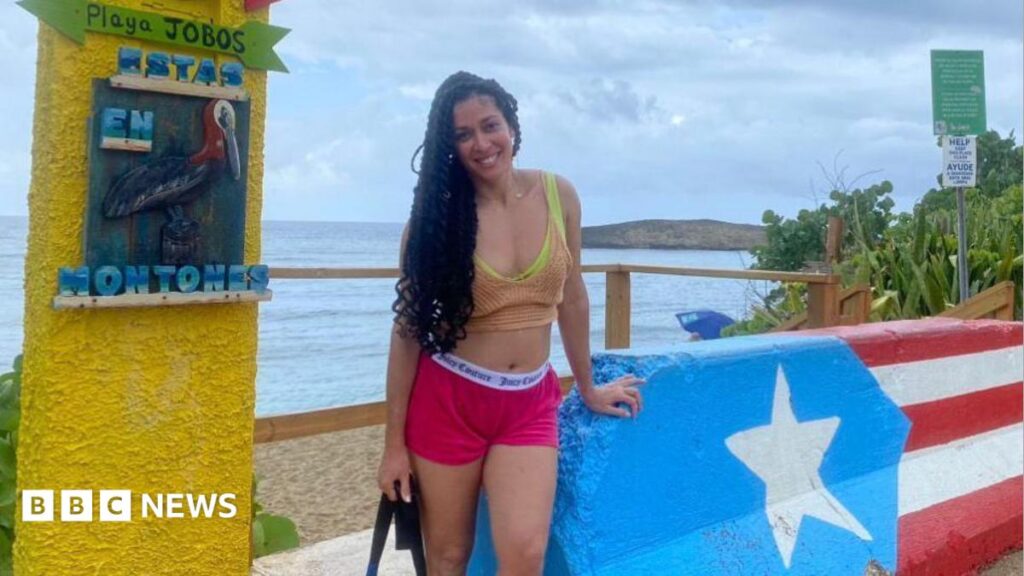 What do Puerto Ricans think of the viral song about their homeland? Debbie Perez standing beside a concrete barrier painted with the Puerto Rican flag next to a beach