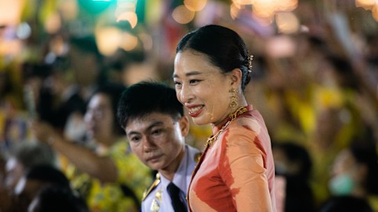 Princess Bajrakitiyabha greets supporters outside the Grand Palace in Bangkok.