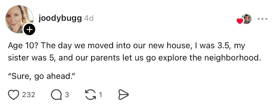 A user recounts exploring their neighborhood at age 3.5 with their 5-year-old sister after moving to a new house. Parents allowed them to explore