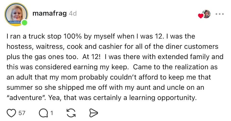 A person recounts running a truck stop alone at age 12, handling multiple roles. Reflects on it being a learning opportunity and understanding family dynamics