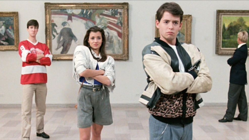 LOS ANGELES - JUNE 11: The movie "Ferris Bueller's Day Off", written and directed by John Hughes. Seen here from left, Alan Ruck as Cameron Frye, Mia Sara as Sloane Peterson and Matthew Broderick as Ferris Bueller in the Art Institute of Chicago. Initial theatrical release June 11, 1986.  Screen capture. Paramount Pictures. (Photo by CBS via Getty Images)