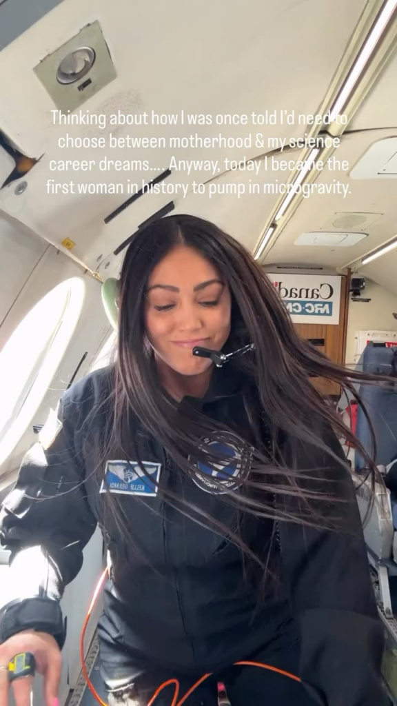 Research astronaut Kellie Gerardi: “Thinking about how I was once told I'd need to choose between motherhood & my science career dreams.... Anyway, today I became the first woman in history to pump in microgravity.”