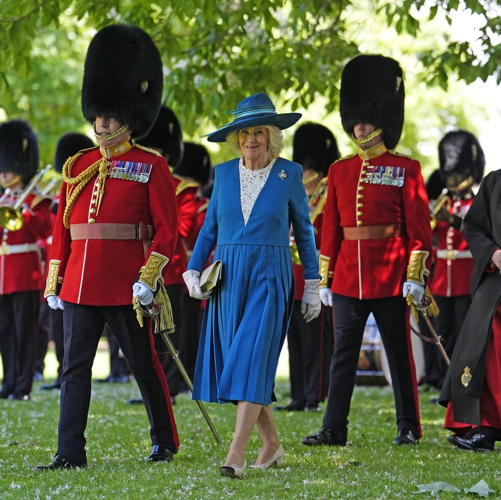 Grenadier Guards Are Presented New Colours At Buckingham Palace london, england june 9: queen camilla inspects members of the grenadier guards during a ceremony to present the regiment with their new colours at buckingham palace on june 9, 2026 in london, england. (photo by jordan pettitt pool / getty images)