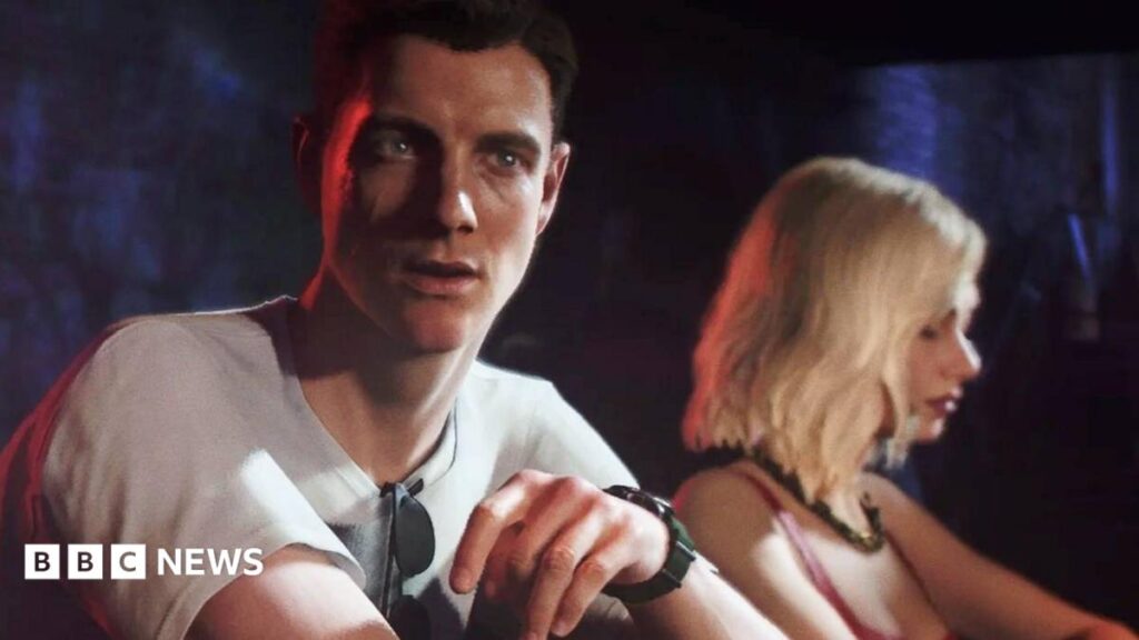 Composite photo showing the video game incarnation of James Bond, with musicians Joe Henson and Alexis Smith in the background