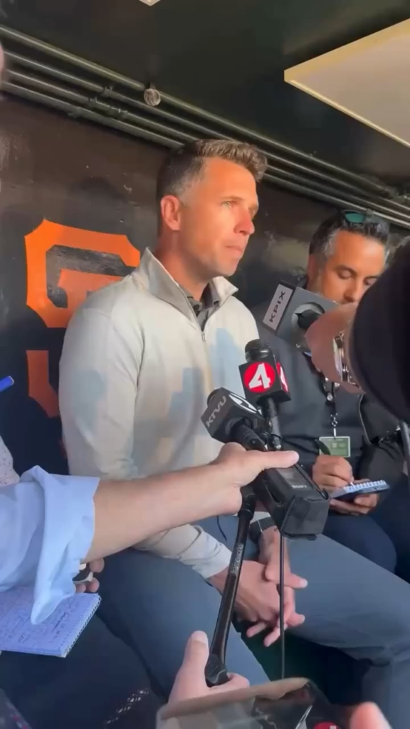 Buster Posey refuses to answer questions about SF Giants' Pride Night and will only answer “baseball questions”. Reporter responds “you guys have made this baseball related because you had Pride Night, you allowed players onto the field that MLB said should not have had writing on their caps.”