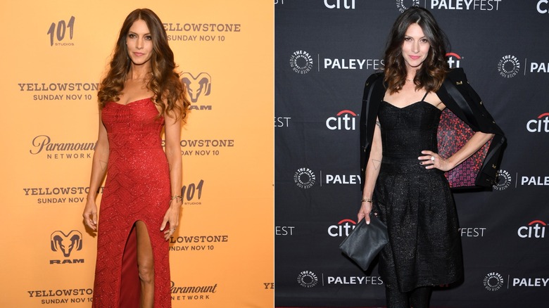 Side-by-side of Dawn Olivieri in a red evening gown and a black midi dress