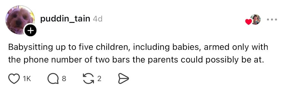 Comment about babysitting five children with only bar contact info for parents