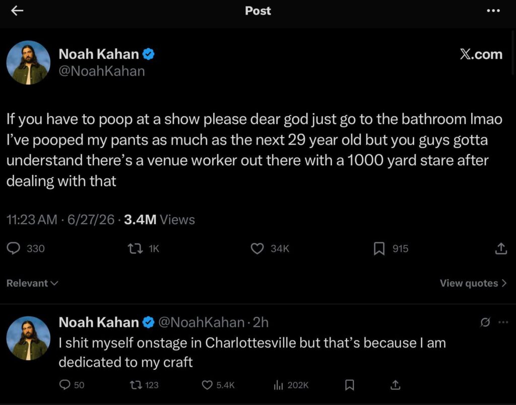Noah Kahan with a message to concertgoers after one of his fans pooped their pants and it got all over the floor