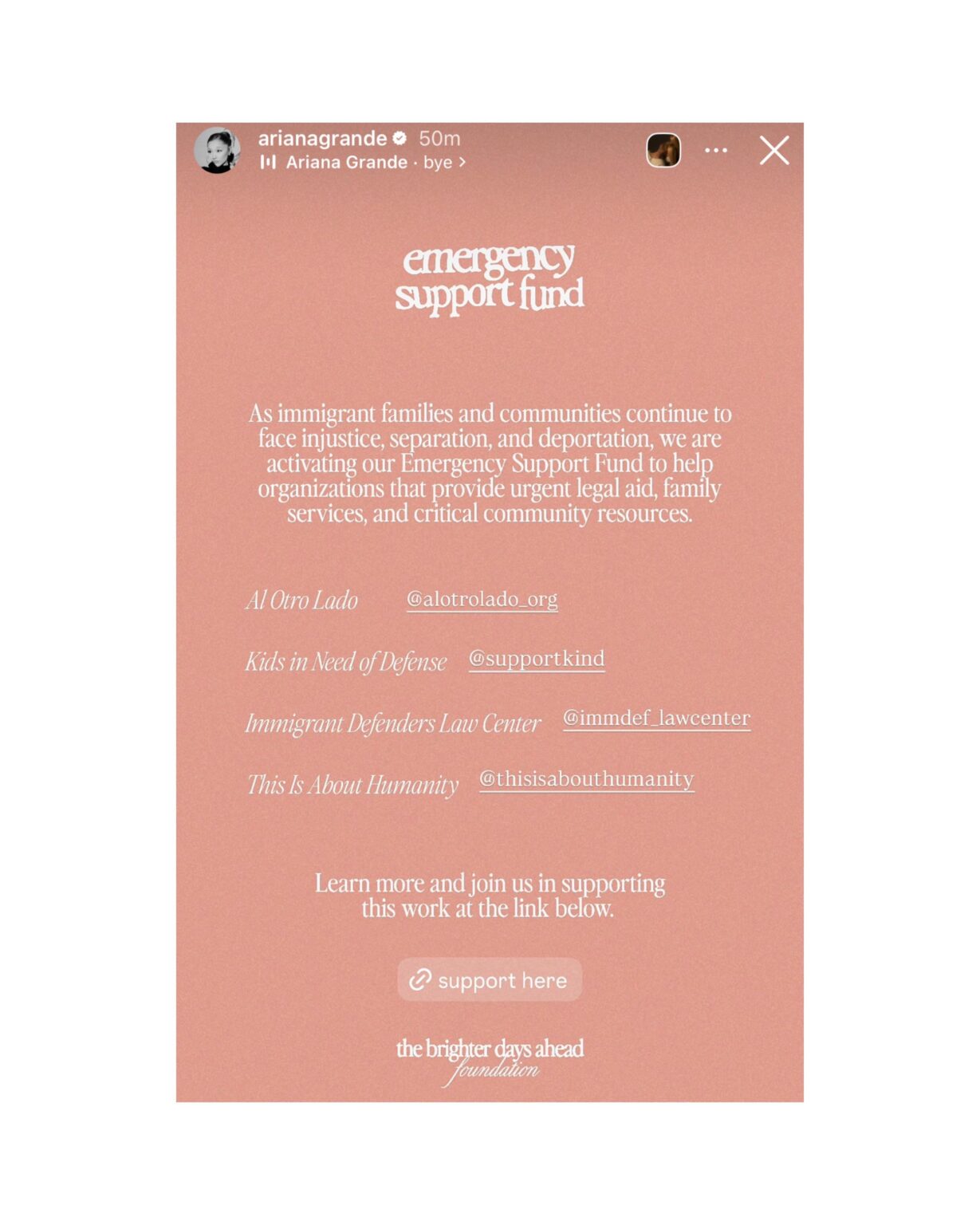 Ariana Grande & The Brighter Days Ahead Foundation used the song “bye” in a post regarding emergency support funds for immigrant families, same song the White House used in their ICE TikTok.