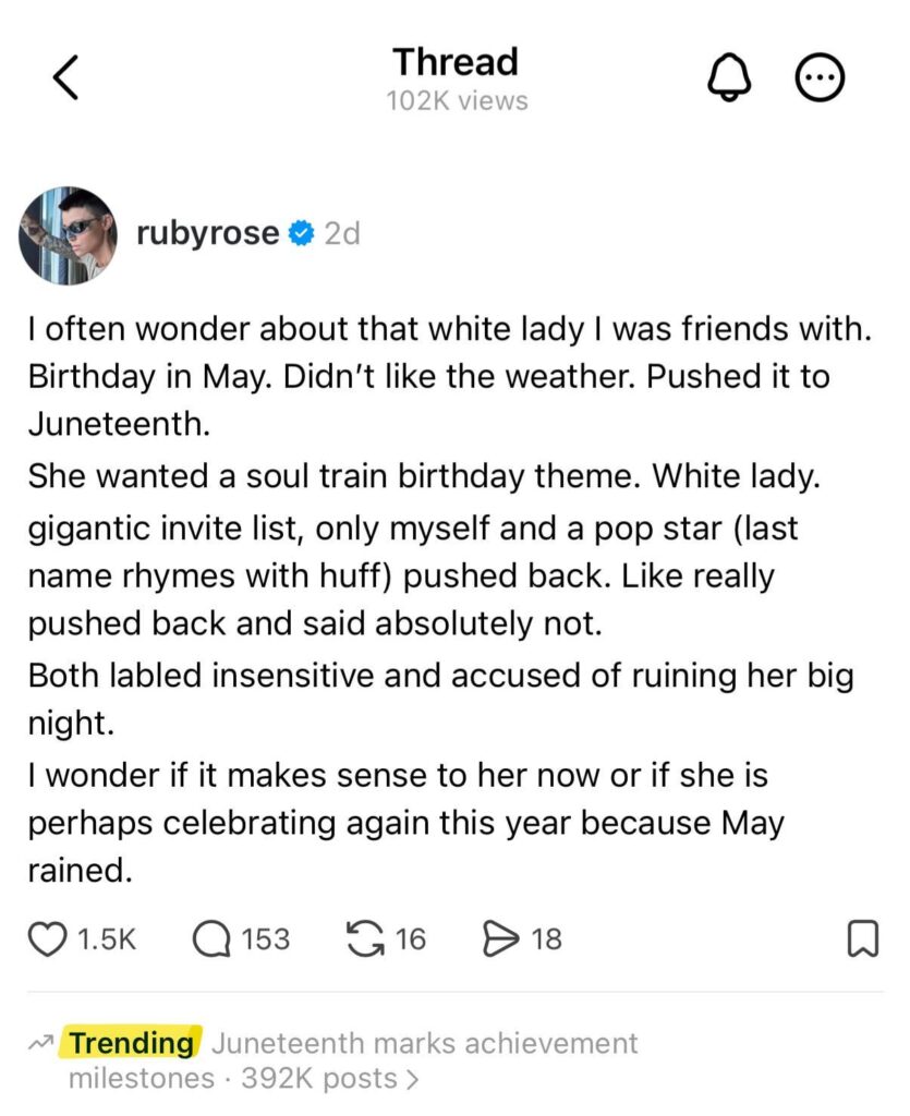 Ruby Rose shouts out Hillary Duff for being the only fellow invitee to push back on a “white lady” that celebrated her May bday party on Juneteenth with a Soul Train themed party