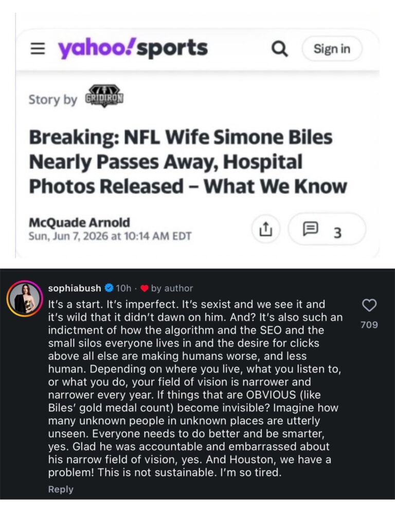 Sophia Bush reacts to writer apologizing for referring to Simone Biles as a NFL Wife: “It’s sexist and we see it and it’s wild that it didn’t dawn on him. It’s also such an indictment of how the algorithm and the SEO and the desire for clicks above all else are making humans worse” Sophia Bush reacts to writer apologizing for referring to Simone Biles as a NFL Wife: “It's sexist and we see it and it's wild that it didn't dawn on him. It's also such an indictment of how the algorithm and the SEO and the desire for clicks above all else are making humans worse”