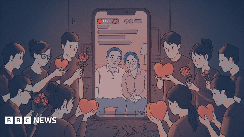 For some Chinese youth, ‘virtual parents’ are an antidote to loneliness An illustration showing a pair of couple going live on their social media channel, who are surrounded by sad-looking young people handing their hearts and some flowers to the influencers