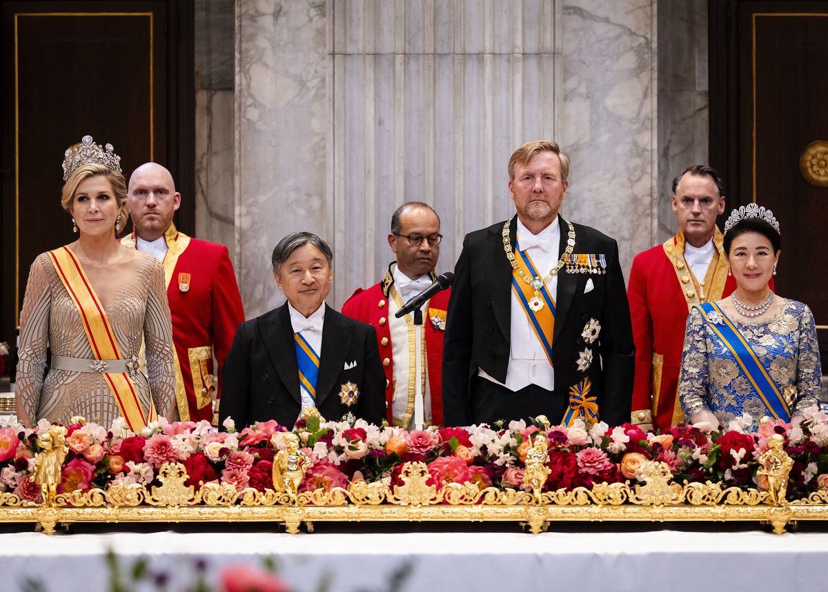 Queen Máxima dazzled in a sheer Iris van Herpen gown as she arrived at the state banquet honoring Emperor Naruhito and Empress Masako at Amsterdam's Royal Palace.