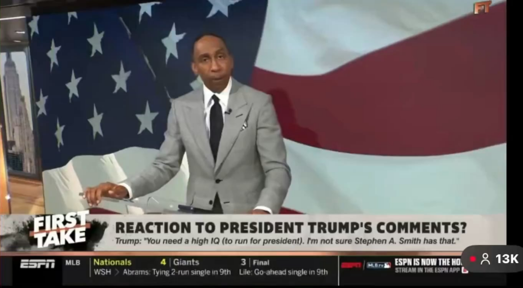 Stephen A Smith, calls out Donald Trump for sleeping at the game: “The brother wasn’t awake. If it was that important for you to be there, why did you look like you were asleep? Didn’t you call out former President Joe Biden, ‘Sleepy Joe’? Well, what should we call you?” Stephen A Smith, calls out Donald Trump for sleeping at the game: “The brother wasn't awake. If it was that important for you to be there, why did you look like you were asleep? Didn't you call out former President Joe Biden, 'Sleepy Joe'? Well, what should we call you?”