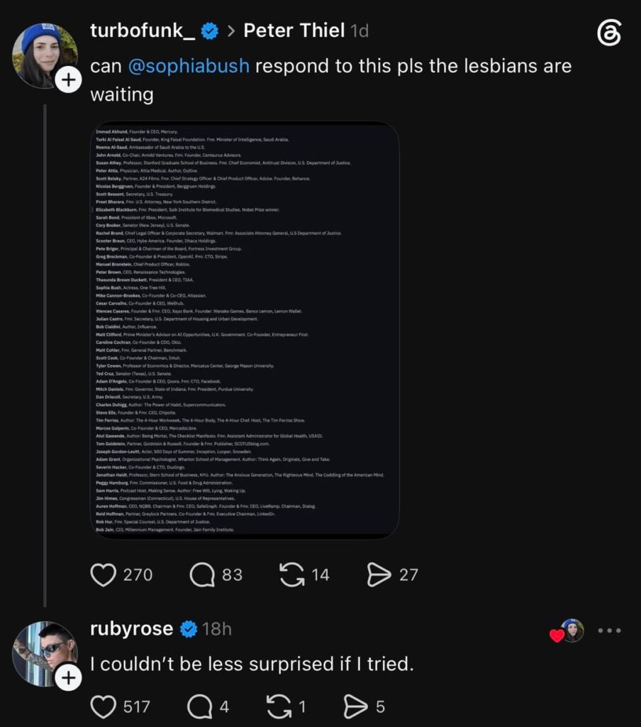 Ruby Rose arguing with Sophia Bush’s gf Ashlyn Harris after Ruby says she is not surprised Sophia’s name appeared in billionaire Peter Thiel’s leaked secret ‘Dialog’ society: “Go report back to your lil secret society Ashlyn.”