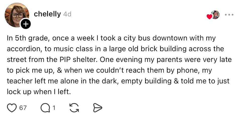 Summary of the text: The user recalls being left alone in a dark building after a music class in 5th grade because their parents were late to pick them up