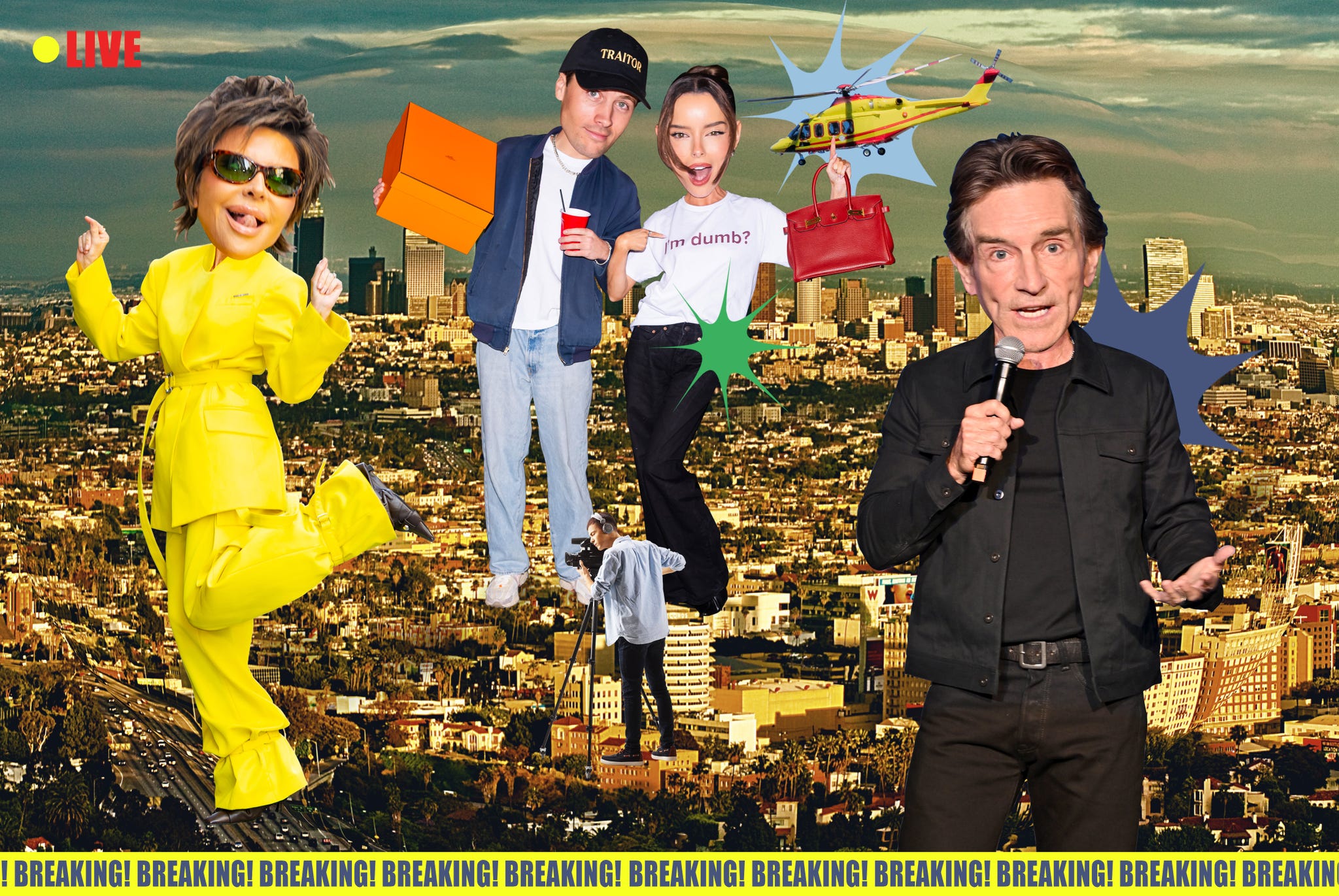 Surreal collage of people with exaggerated features over cityscape, one holding a red handbag suspended by a helicopter. Surreal collage of people with exaggerated features over cityscape, one holding a red handbag suspended by a helicopter.
