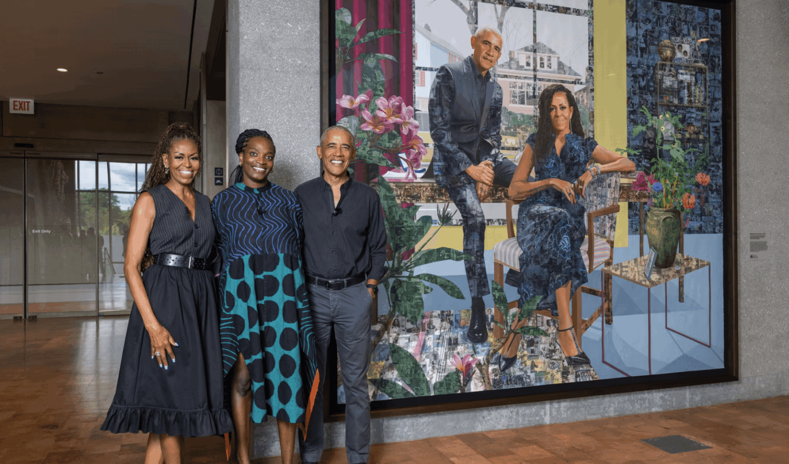 Akunyili Crosby with Michelle Obama and Barack Obama at the private unveiling of the portrait in the Hope and Change Lobby of the Obama Presidential Center on June 14, 2026.